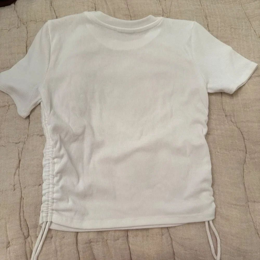ZARA White Ribbed Ruched Short Sleeve Top - Picture 5 of 5